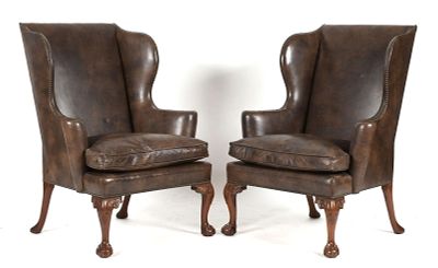 Pair of Kittinger Chippendale Style Leather Wingback Chairs. A Pair of Kittinger Chippendale 