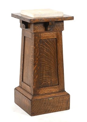 An Arts and Crafts Paneled Oak and Marble Pedestal, Early 20th Century. An Arts and Crafts 