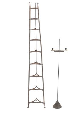 Large Wrought Iron Pot Rack and an Iron and Tin Candlestand, 19th-20th Century. A Large Wrought 