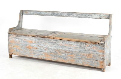 Country Blue-Painted Pine Settle Bench with Open Rail Back, 19th Century. A Country Blue-Painted 