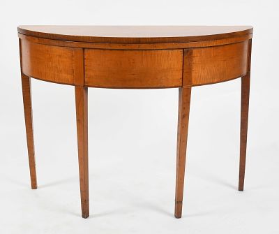American Federal Tiger Maple Demilune Card Table, Early 19th Century. An American Federal Tiger 