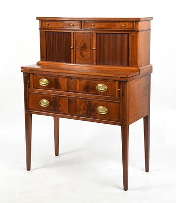 American Federal Style Inlaid Mahogany Secretary Desk, Late 19th Century. An American Federal 
