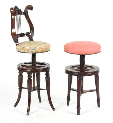 Two Victorian Rosewood and Mahogany Adjustable Piano Stools, 19th Century. Two Victorian 