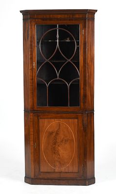 George III Inlaid Mahogany Two-Part Corner Cupboard, Late 18th Century. A George III Inlaid 