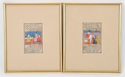 Two Indo-Persian Miniature Manuscript Pages 
Each depicting courtly or romantic scenes 