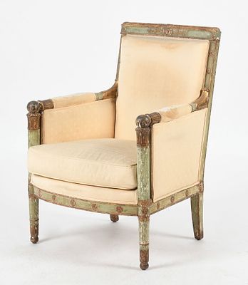Italian Neoclassical Parcel Gilt and Paint Decorated Armchair, 19th Century. An Italian 