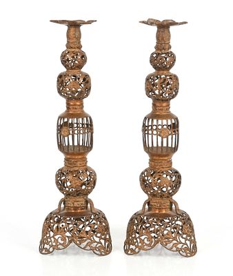 A Pair of Japanese Candlesticks 
Meiji period, a pair of brass tripod candle 