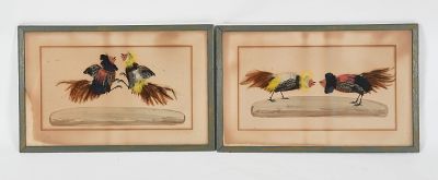 Two Watercolor and Feather Art Pictures, Cock Fighting Interest 
Early 20th century, a 