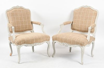 Pair of Louis XV Painted Fauteuils, 18th Century. A Pair of Louis XV Carved and Painted 