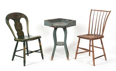 Three Pieces of American Country Furniture 
A blue painted two tier stand with 