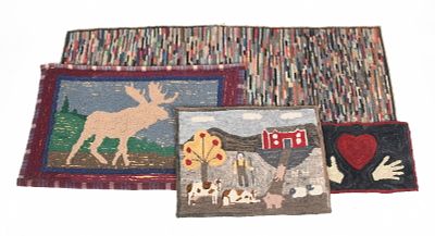 Four Vintage Hooked Rugs 
Comprising: the smallest in a heart and 