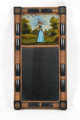 Late Federal Parcel Ebonized, Carved Giltwood and Eglomise Pier Mirror, 19th Century. A Late 