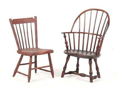 Two Painted WIndsor Child's Chairs, American, 19th Century 
Comprising a bowback armchair 