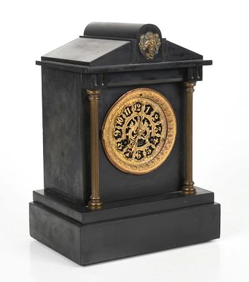 A Tiffany and Co., New York Slate and Bronze Shelf Clock 
Late 19th century, the 