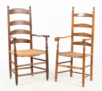 Two Maple Ladderback Armchairs, American, 18th Century 
With slat backs and rush 