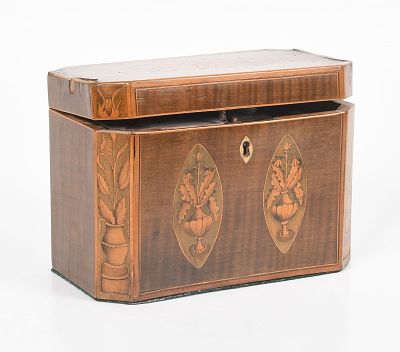 George III Inlaid Mahogany Tea Caddy , Circa 1800 
The top with stained 