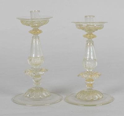 A Near Pair of Venetian Glass Candlesticks, 20th Century 
Clear glass with gold speckling 