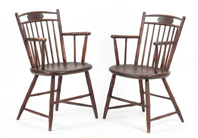 A Near Pair of New England Birdcage Windsor Armchairs, Early 19th Century 
Mixed woods 