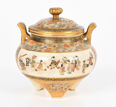 A Satsuma Millefleur Koro 
Late Meiji-Taisho period, tripod with two handles, the body 