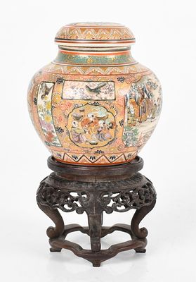 A Small Japanese Satsuma Parcel-Gilt Lidded Vase on Associated Stand, Late 19th Century. A Small 