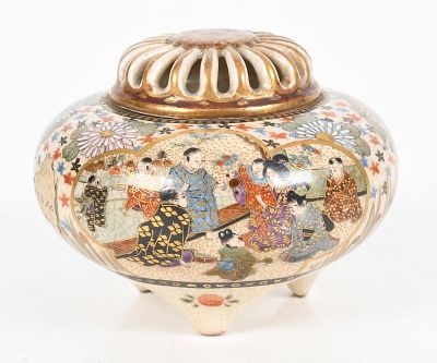 A Satsuma Tripod Koro 
Meiji, with painted, enameled and gilt decoration with central 
