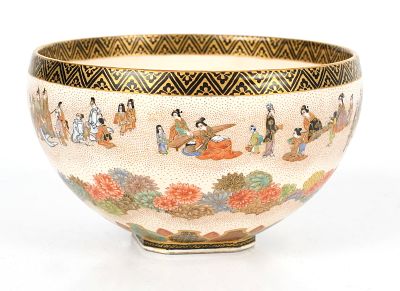 A Japanese Meiji-Period Parcel-Gilt Satsuma Bowl, Marked for Ryokuzan, Late 19th Century. A 