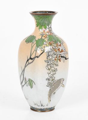 A Japanese Cloisonne Vase, Carp and Wisteria 
Meiji period, a square baluster form 