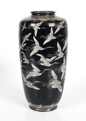 A Large Japanese Cloisonne Vase, Cranes in Flight 
Meiji period, in a high shouldered 