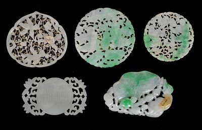 Five Chinese Jade Carvings. Four Chinese Jade Carvings 
Comprising: a white jade disk with 