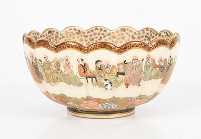 A Japanese Meiji-Period Enameled and Parcel-Gilt Lobed Satsuma Bowl, Marked for Kaizan, Late 