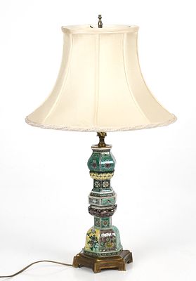 A Chinese Famille Verte Porcelain Candlestick Mounted as a Lamp 
Dimensions : 10 1/2 in. 
