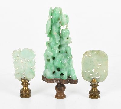 Three Chinese Jade Lamp Finials 
All mounted on brass for use as a finial, 