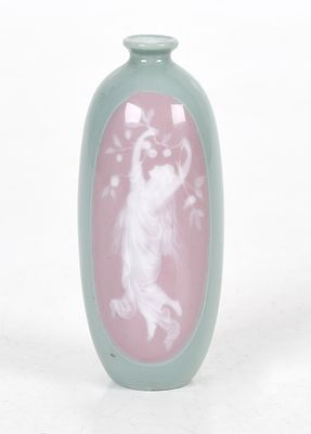 A Continental Pate sur Pate Porcelain Diminutive Vase, c. 1900 
Celadon body and pink 