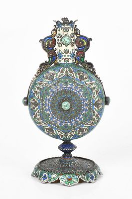 A Enameled Silver Flask Form Vase 
19th century, with complex radiating geometric 