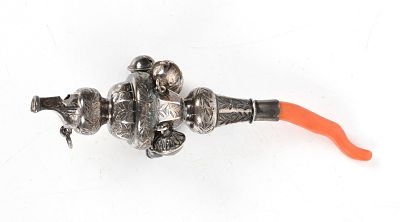 A Victorian Sterling Silver and Coral Baby Rattle, Marked for George Unite, Birmingham, c. 1850. 
