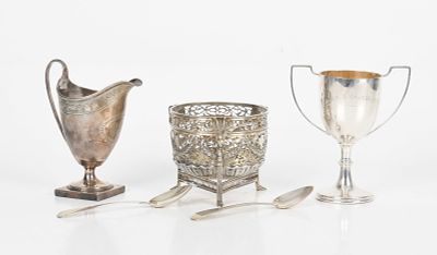 Four Pieces of English Sterling Silver Tablewares and Spoons 
Comprising: a George V 