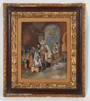 Ilya Schor (Polish/ American, 1904-1961), Figures in a Temple, 1951 
gouache on board, 