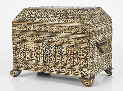 A Moorish Bone-Veneered Table Casket, 20th Century 
The hinged top with an Arabic script 