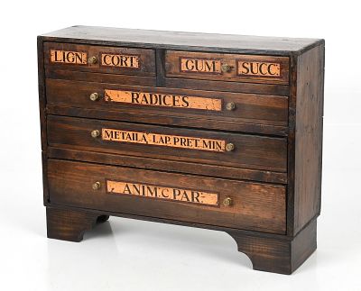 An English Stained-Pine Table-Top Apothecary Cabinet, Late 19th Century 
With painted 
