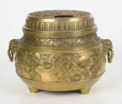 A Japanese Bronze Tripod Koro 
Late 19th to 20th century, the body with relief 