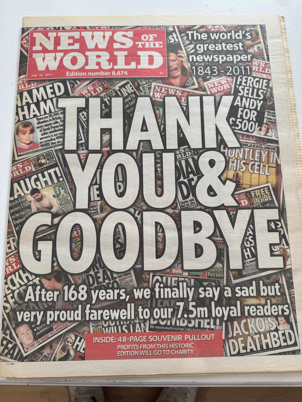 Lot 237: final edition of the British newspaper News of the World, published on July 10, 2011.