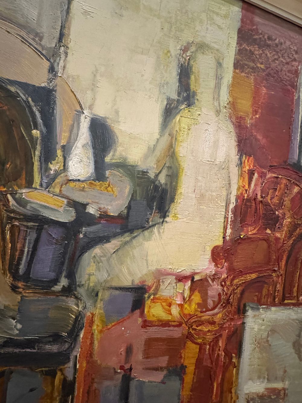 Lot 236: Signed David Evison, Semi-Abstract Interior with Seated Figure, Oil on Board, Made in Sweden