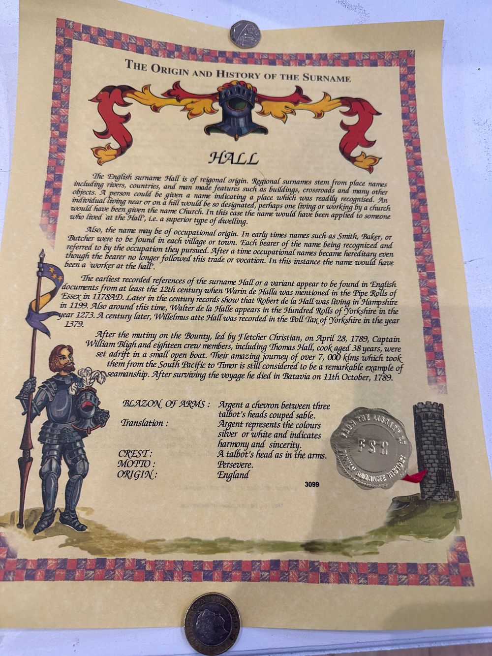 Lot 265: origin and history of the surname Hall.