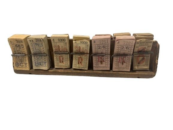 Lot 298: Vintage Bus / Transport Ticket Blocks in Wooden Tray