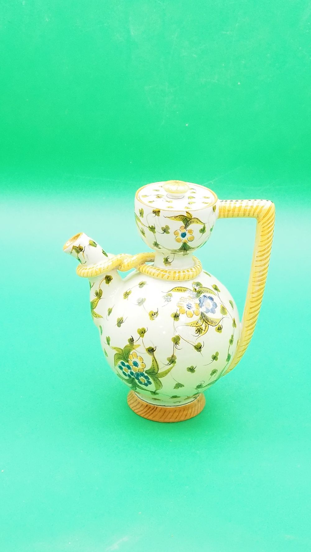 Lot 234: Cantagalli Majolica Yellow Floral Teapot Pitcher Rope Detail & Lid Italy