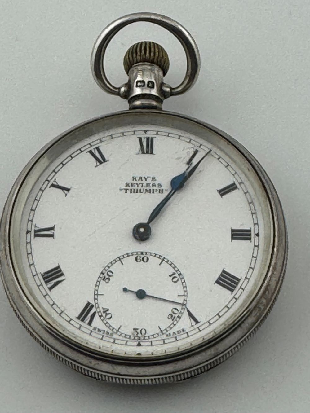 Lot 159: 1920s Silver Kays Keyless triumph Pocket Watch