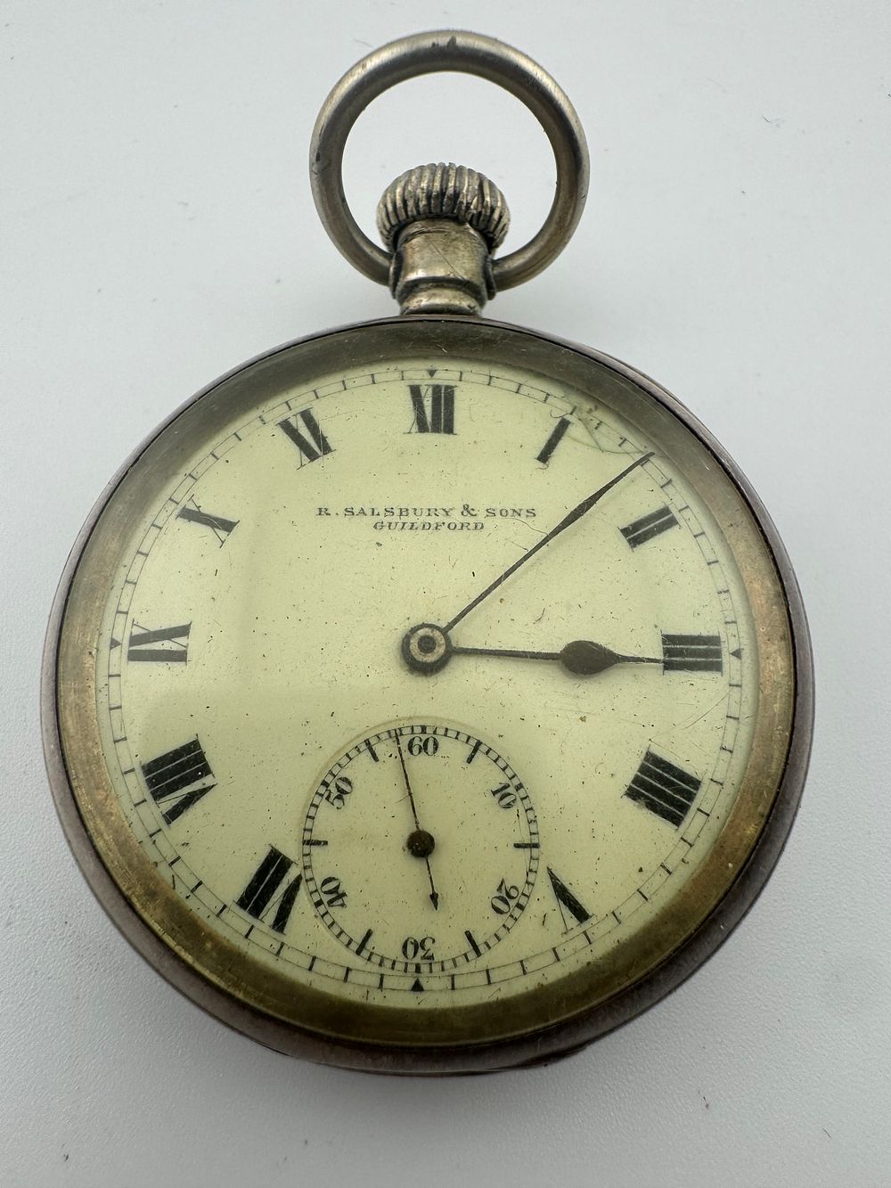 Lot 161: Silver R. Salsbury & Sons, pocket watch Guildford