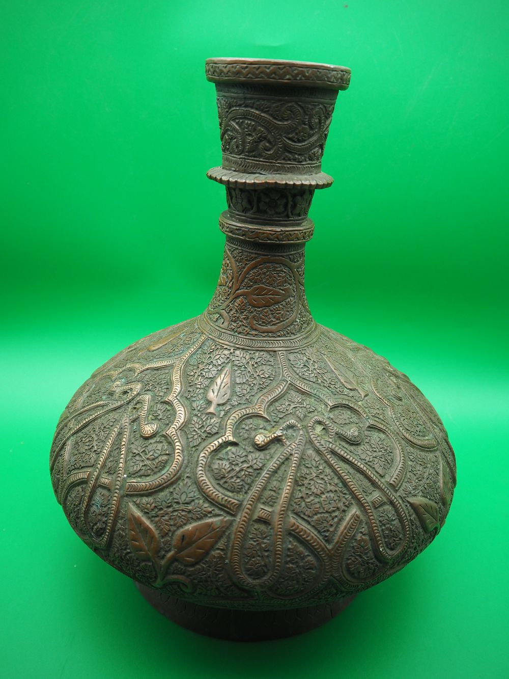 Lot 180: Antique Kashmiri Copper Tinned Water Pipe Vase Detailed Floral Engrave Pattern