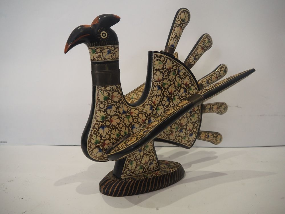 Lot 187: Knife stand, 20th century, painted wood with knives, Kashmir India 2 blue glass