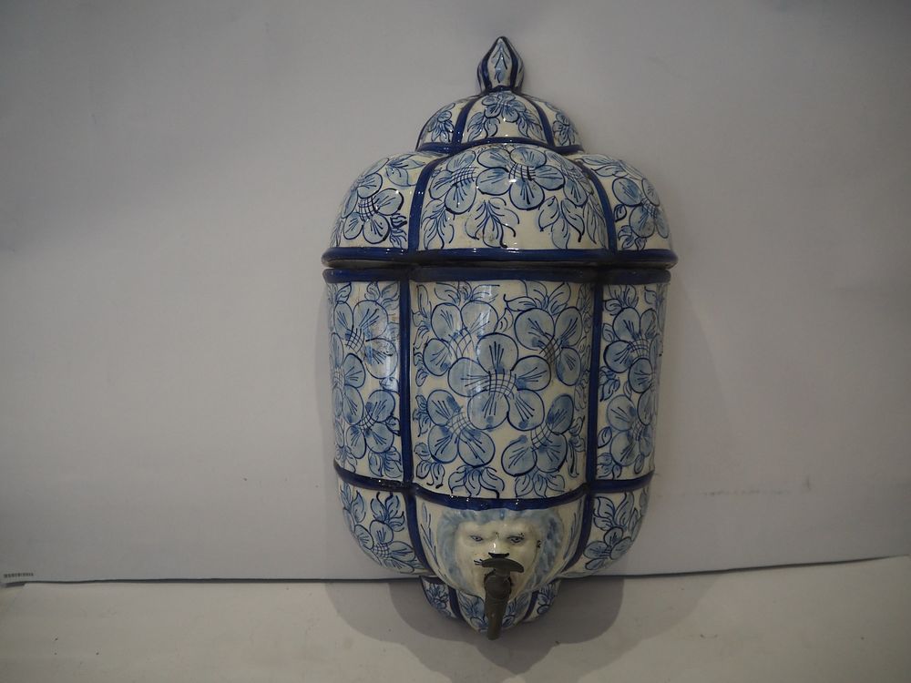 Lot 199b: Antique Blue & White Hand‑Painted Ceramic Wall Fountain Floral Design, Lion Mask Spout, Wall Mounted
